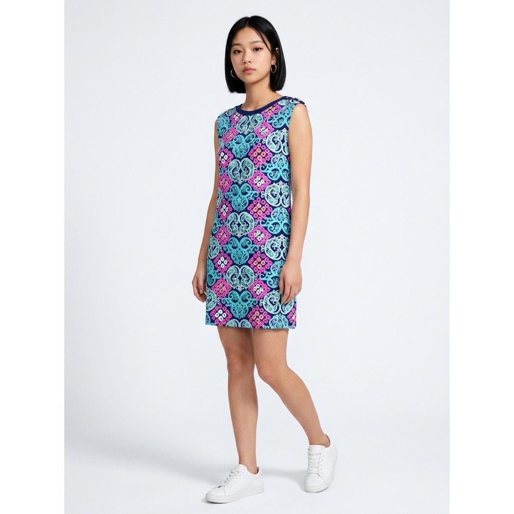 Lilly Pulitzer Navy Pink Aqua Paisley Sleeveless Shift Dress Gold Button Detail